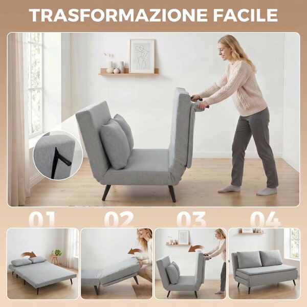 HOMCOM Divano Letto 2 Posti 3 in 1 in Tessuto Effetto Lino con 2 Cuscini, Struttura in Eucalipto, Grigio Chiaro | Aosom Italy