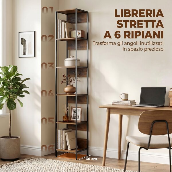 HOMCOM Libreria a 6 Ripiani, Finitura in Legno Marrone | Aosom Italy