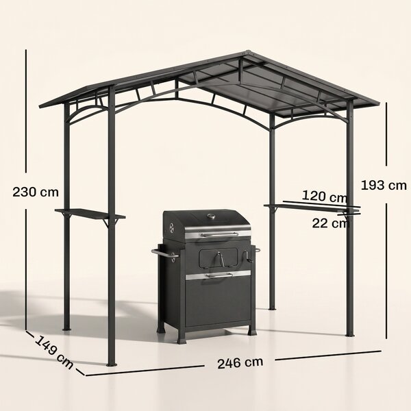 Outsunny Gazebo da Giardino per Barbecue BBQ con Tetto in PC e Mensole Laterali, Struttura in Alluminio e Metallo, 246x149x230cm, Nero|Aosom