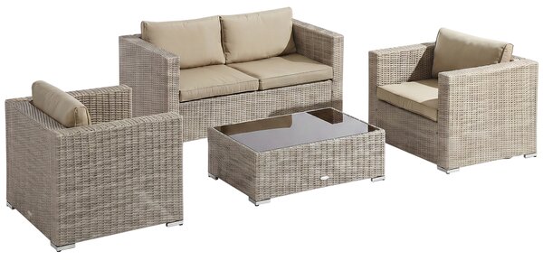 Outsunny Set Mobili da Giardino 4 Pezzi in Rattan PE, Salotto da Esterno 1 Divano, 2 Poltrone, 1 Tavolino e Cuscini Lavabili, Kaki e Beige|Aosom