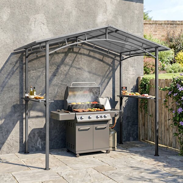 Outsunny Gazebo da Giardino per Barbecue BBQ con Tetto in PC e Mensole Laterali, Struttura in Alluminio e Metallo, 246x149x230cm, Nero|Aosom