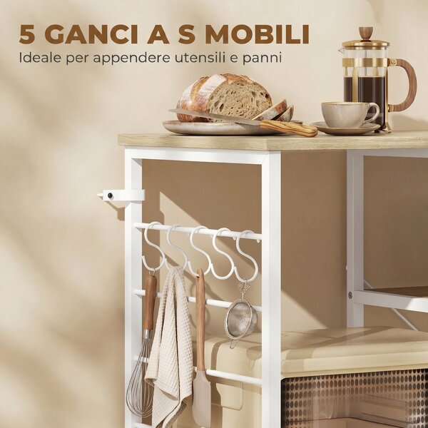 HOMCOM Scaffale Cucina con Ripiani in Legno e Metallo con 5 Ganci, Salvaspazio, 90x39x83.5 cm, Rovere | Aosom Italy