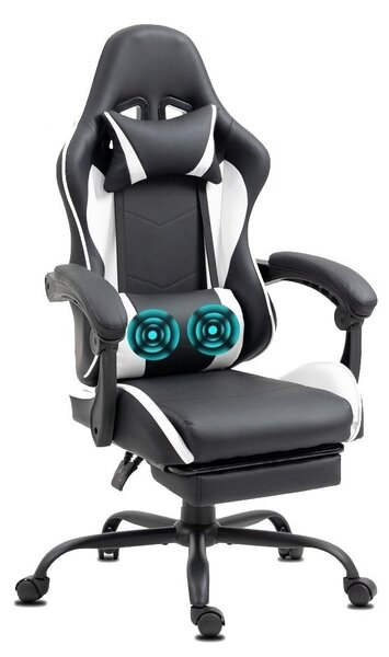 Delman Sedia da ufficio Sedia da gioco Poltrona da gioco massaggiante Ergonomica con poggiapiedi Poggiatesta Massaggio Cuscino lombare Sedia da gioco Girevole 02-0042 Bianco
