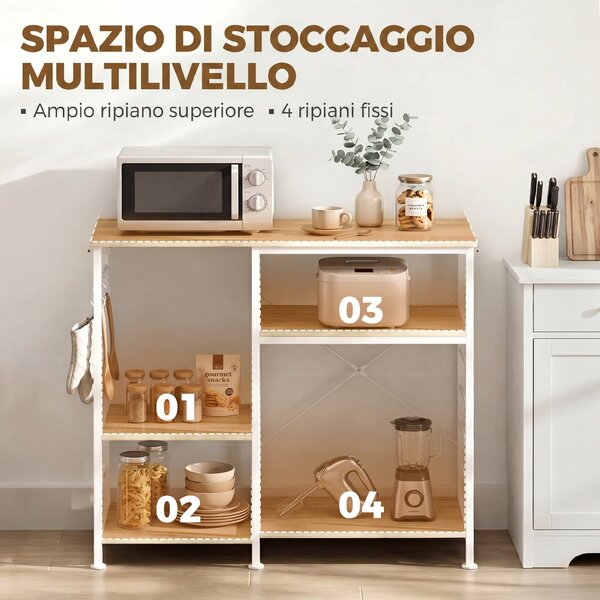HOMCOM Scaffale Cucina con Ripiani in Legno e Metallo con 5 Ganci, Salvaspazio, 90x39x83.5 cm, Rovere | Aosom Italy