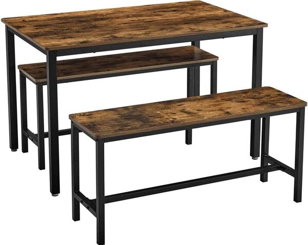Tavolo da pranzo VASAGLE, set di tavoli da cucina, 110 x 70 x 75 cm, con 2 panche da 97 x 30 x 50 cm ciascuna, struttura in metallo, per cucina, soggiorno, sala da pranzo, design industriale
