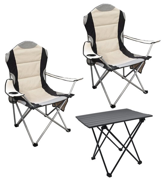 Set da campeggio da 3 pezzi con tavolo pieghevole in alluminio e borsa per il trasporto - beige - Set da giardino con 2 sedie da campeggio (portante fino a 150 kg)