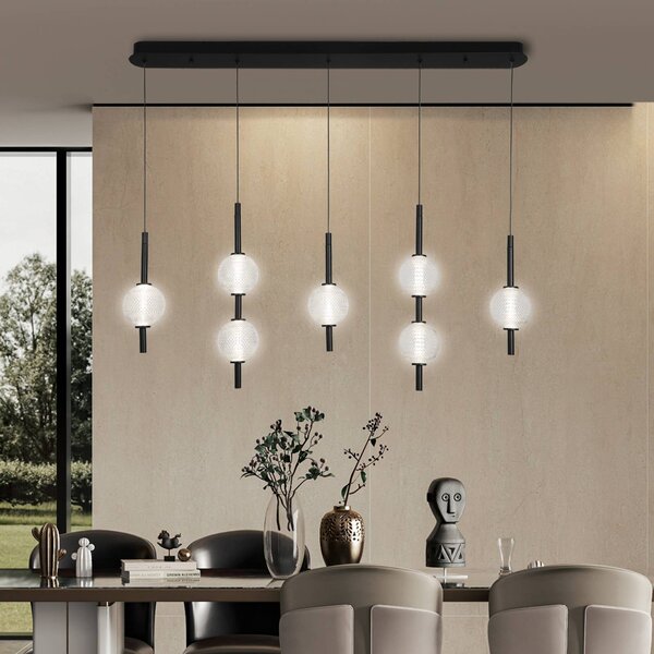 Viokef Lampada LED a sospensione Abeona, lunghezza 105 cm, metallo nero, 7 luci. Abeona, Nero, Soggiorno / Sala da pranzo, Metallo