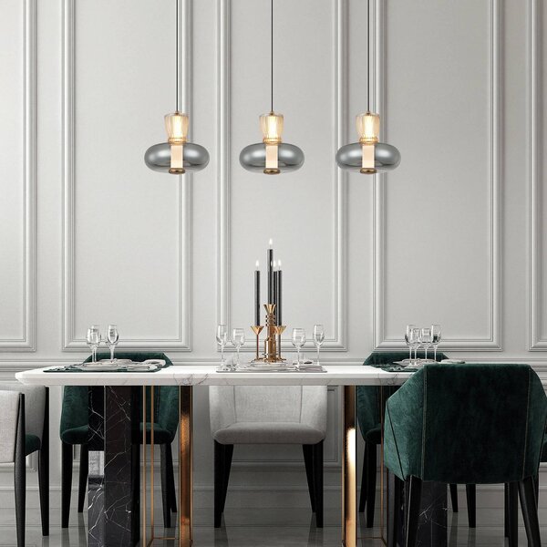 Viokef Lampada LED a sospensione Sire, lunghezza 92 cm, vetro fumé/bronzo, 3 luci. Sire, Alluminio / Grigio / Zincato, Soggiorno / Sala da pranzo, Metallo