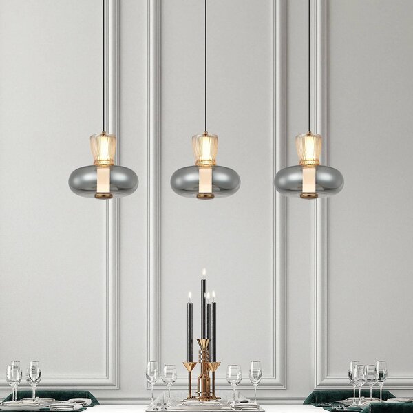 Viokef Lampada LED a sospensione Sire, lunghezza 92 cm, vetro fumé/bronzo, 3 luci. Sire, Alluminio / Grigio / Zincato, Soggiorno / Sala da pranzo, Metallo