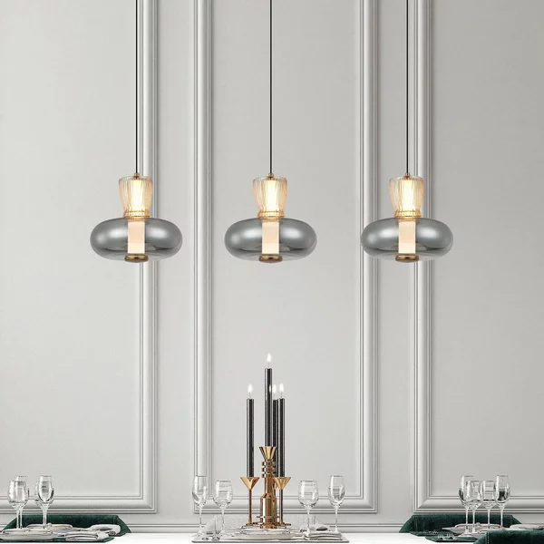 Viokef Lampada LED a sospensione Sire, lunghezza 92 cm, vetro fumé/bronzo, 3 luci. Sire, Alluminio / Grigio / Zincato, Soggiorno / Sala da pranzo, Metallo