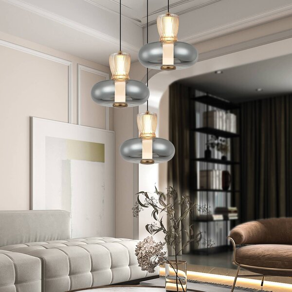 Viokef Lampada LED a sospensione Sire, Ø 42 cm fumo/bronzo metallo/vetro 3 luci. Sire, Alluminio / Grigio / Zincato, Soggiorno / Sala da pranzo, Metallo