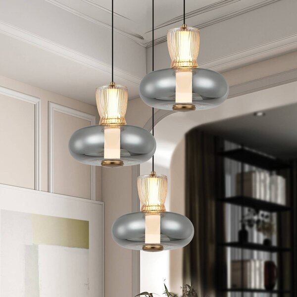 Viokef Lampada LED a sospensione Sire, Ø 42 cm fumo/bronzo metallo/vetro 3 luci. Sire, Alluminio / Grigio / Zincato, Soggiorno / Sala da pranzo, Metallo