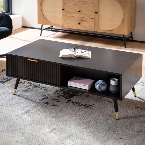 WOHNLING Tavolino 110x60x43 cm Nero con decoro in rovere Tavolo da soggiorno Tavolo rettangolare da divano con vano portaoggetti Tavolino con cassetti Tavolo da soggiorno