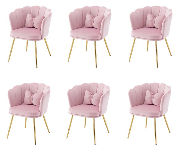 Set Fortuna Lai con 6 moderne sedie da salotto in velluto, sedie da bagno, sedie imbottite con schienale a petalo, gambe in metallo dorato e cuscini a forma di farfalla per la camera da letto e la sala da pranzo