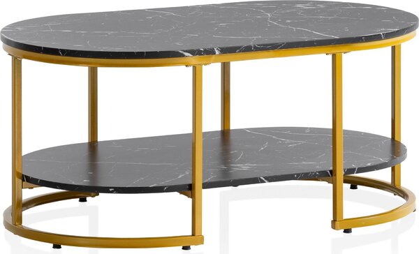 WOHNLING Tavolino da caffè 100x60x45 cm Nero con aspetto marmoreo Tavolo da soggiorno Tavolo rettangolare da divano con ripiano Tavolino da caffè Moderno con oro