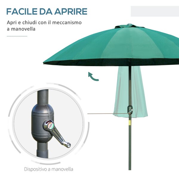 Outsunny Ombrellone da Giardino e Terrazza con Manovella, 18 Stecche e Testa Inclinabile, Ф255x240cm Verde|Aosom
