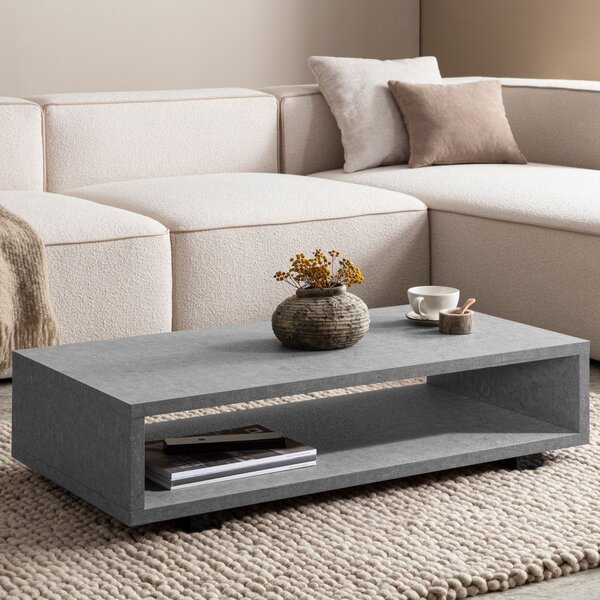 WOHNLING Tavolino 100x50x25 cm Grigio Tavolino da divano effetto cemento Moderno Tavolo da soggiorno rettangolare con vano portaoggetti Tavolo da salotto Semplice Tavolo da caffè Grande