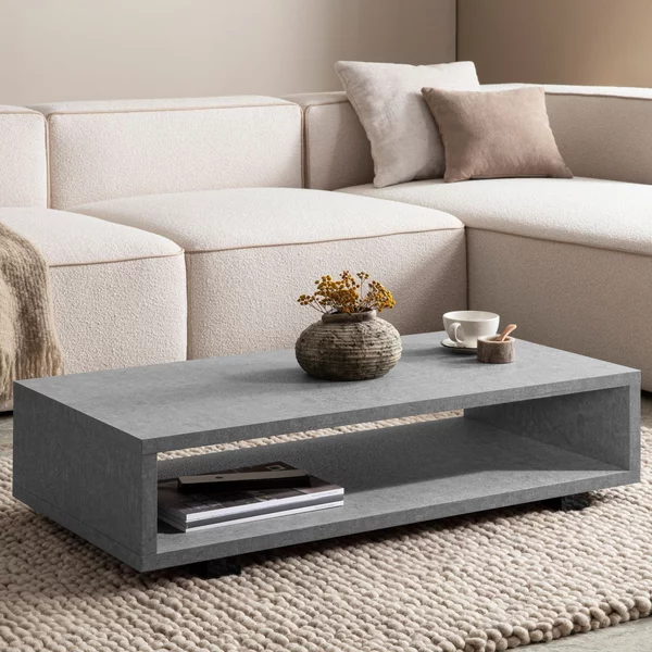 WOHNLING Tavolino 100x50x25 cm Grigio Tavolino da divano effetto cemento Moderno Tavolo da soggiorno rettangolare con vano portaoggetti Tavolo da salotto Semplice Tavolo da caffè Grande