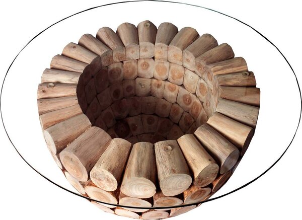 Riess-ambiente Tavolino artigianale PURE NATURE 70cm in legno massello di teak rotondo con piano in vetro tavolino laterale