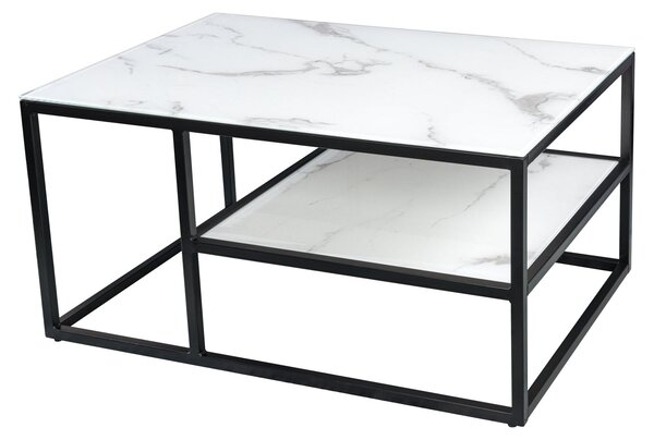 Elegante tavolino BOUTIQUE 90 cm, vetro cristallo bianco con effetto marmo e struttura nera