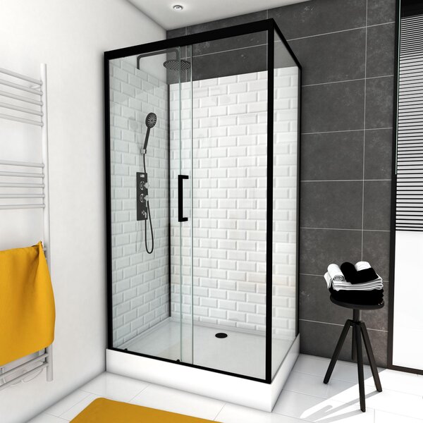 Doccia completa MARWELL Doccia completa White Stone 80 x 110 x 230 cm - doccia in set completo incluso piatto doccia e rubinetto - pannello posteriore in vetro bianco - con ingresso frontale