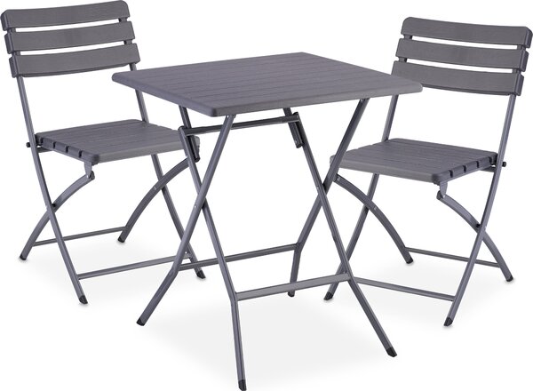 Set di mobili da balcone Relaxdays, 3 pezzi, 1 tavolo e 2 sedie, pieghevoli, set da giardino effetto legno, acciaio e plastica, grigio