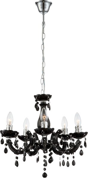 Lampada a sospensione Globo Lighting, finitura metallica cromata e nera, cristalli in acrilico, cavo in PVC grigio, altezza regolabile, diametro: 440 mm, altezza: 1280 mm, esclusa lampadina: 5 x E14, 40W, 230V