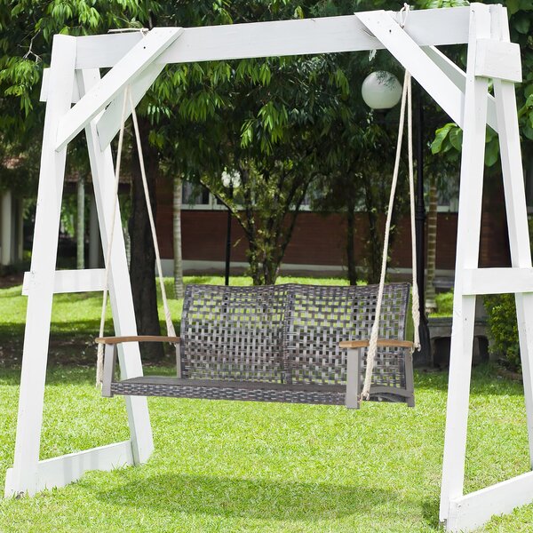 Costway Altalena in rattan PE con 2 corde e schienale curvato, Panca altalena da esterno con 2 posti per portico