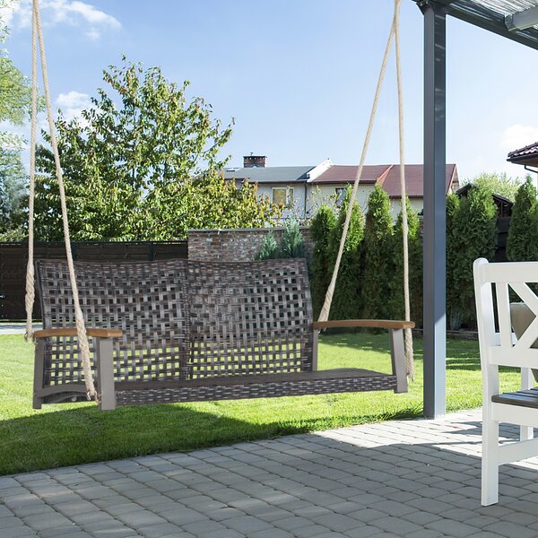 Costway Altalena in rattan PE con 2 corde e schienale curvato, Panca altalena da esterno con 2 posti per portico
