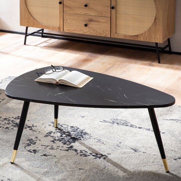 WOHNLING tavolino 90x60x41 cm con aspetto marmo nero tavolino da salotto a tre gambe con struttura in metallo tavolo da divano tavolo triangolare da salotto