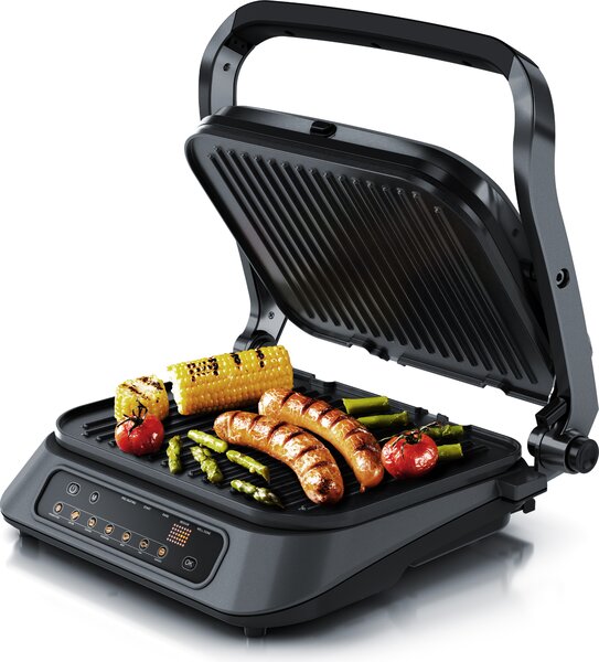 Grill a contatto Arendo con controllo digitale in grigio - Grill da tavolo / sandwich maker / panini grill / grill da tavolo - Piastre rimovibili e con rivestimento antiaderente