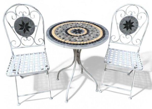 Set bristò 1 tavolo e 2 sedie in acciaio marmo con decorazioni mosaico bianco e grigio da giardino
