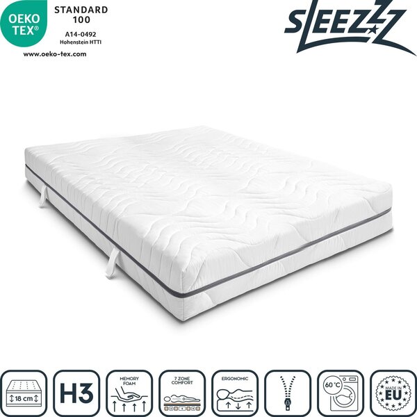Materasso viscoelastico a 7 zone Sleezzz Smart 120 x 200 cm, altezza 18 cm, livello di rigidità H3 con schiuma a memoria d'aria + cuscino ortopedico Sleezzz Premium con effetto gel per il collo 32 x 60 cm