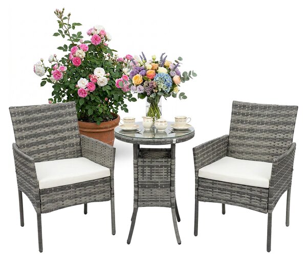 Set di mobili da giardino Relaxdays, set da salotto in rattan da 3 pezzi, per 2 persone, 2 poltrone e tavolo in vetro, mobili da salotto, da esterno, grigio