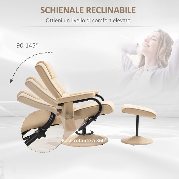 HOMCOM Poltrona Relax con Pouf Poggiapiedi Reclinabile a 145° con 10 Punti Massaggio e Telecomando in Finta Pelle, Crema