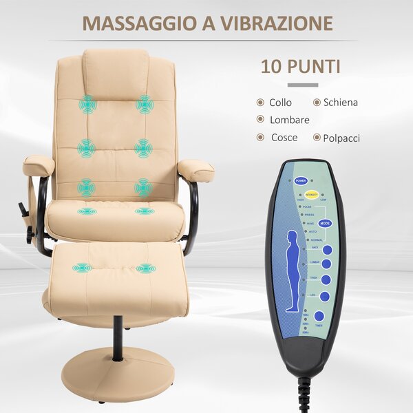 HOMCOM Poltrona Relax con Pouf Poggiapiedi Reclinabile a 145° con 10 Punti Massaggio e Telecomando in Finta Pelle, Crema