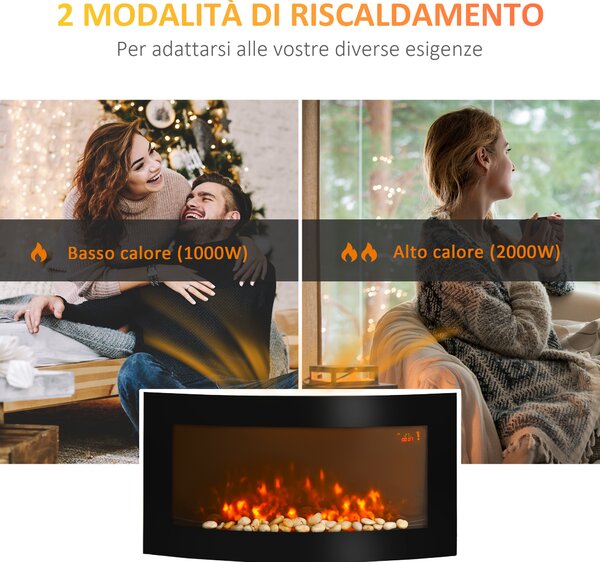 HOMCOM Camino Elettrico a Parete e da Incasso con Luce LED a 7 Colori, Potenza 1000/2000W e Temperatura 15-30°C, Nero