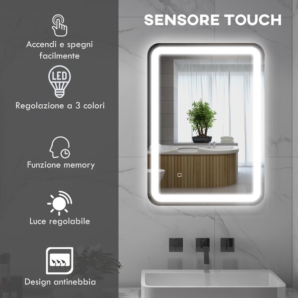 Kleankin Specchio Bagno con Interruttore Touch, Luce LED a 3 Temperature e Antiappannamento, 70x50cm