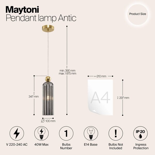 Maytoni Lampada a sospensione in vetro Antic, dimmerabile, Ottone / Oro, Soggiorno / Sala da pranzo, Vetro, Moderno, Lampada a sospensione