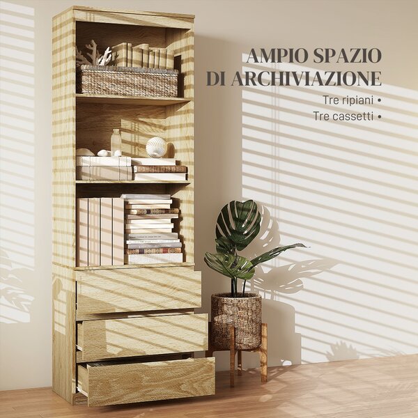 HOMCOM Mobile Libreria in Legno con 3 Ripiani e 3 Cassetti, 60x35x180 cm, color Rovere|Aosom