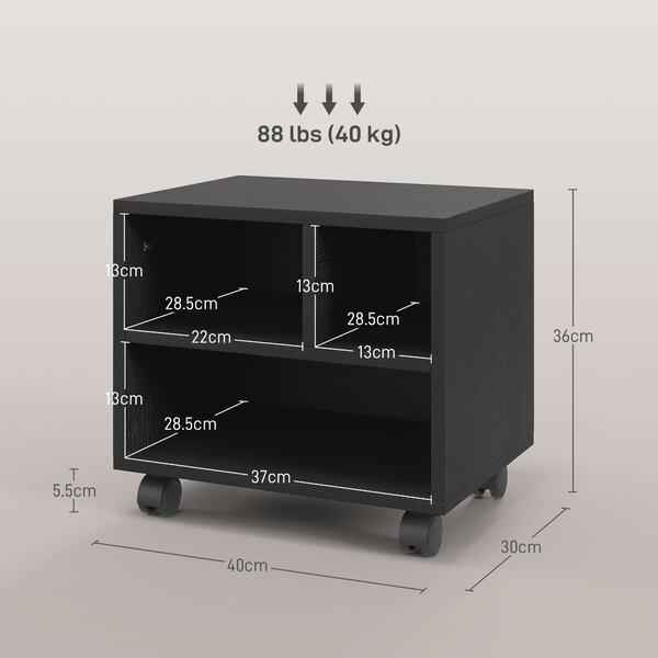 HOMCOM Mobile Porta Stampante a 2 Livelli con 3 Scomparti e Ruote per Ufficio e Studio, 40x30x36cm, Nero|Aosom