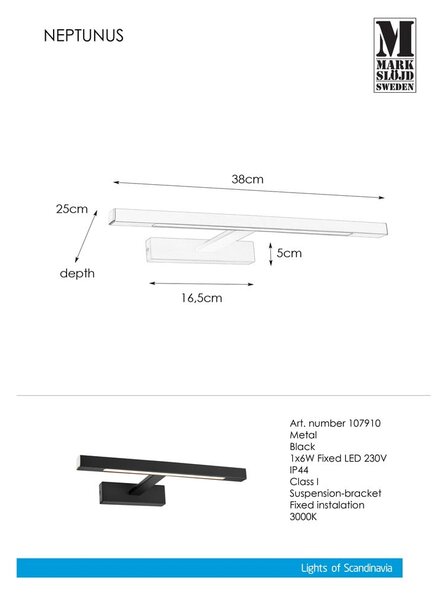 Applique a LED nera (lunghezza 38 cm) Neptunus - Markslöjd