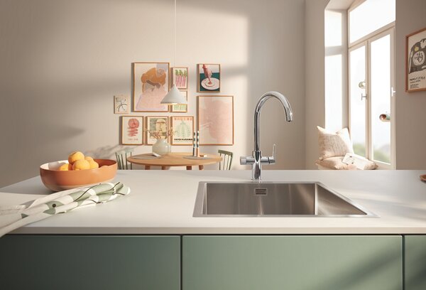 GROHE Rubinetto monocomando lavello con sistema filtrante acqua, bocca C girevole 150, filtro 5 fasi taglia S cromo - Blue Pure BauCurve