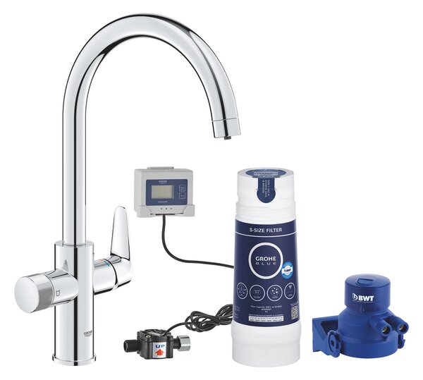 GROHE Rubinetto monocomando lavello con sistema filtrante acqua, bocca C girevole 150, filtro 5 fasi taglia S cromo - Blue Pure BauCurve