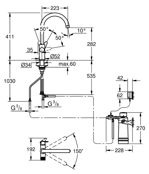 GROHE Rubinetto monocomando lavello con sistema filtrante acqua, bocca C girevole 150, filtro 5 fasi taglia S cromo - Blue Pure BauCurve
