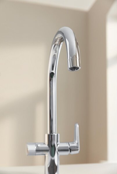 GROHE Rubinetto monocomando lavello con sistema filtrante acqua, bocca C girevole 150, filtro 5 fasi taglia S cromo - Blue Pure BauCurve