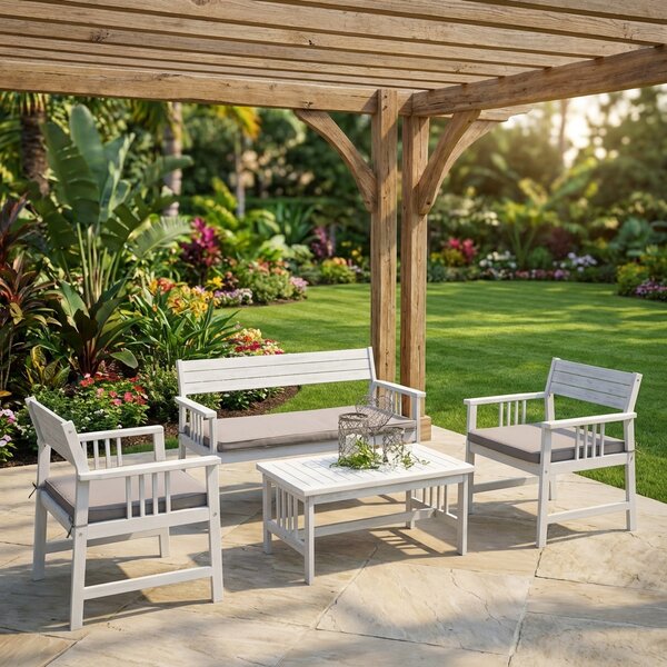 VivaGarden Salotto da Giardino con Divano 2 Posti 2 Poltrone e Tavolino con Cuscini in Legno di Acacia colore Bianco - Avvincente