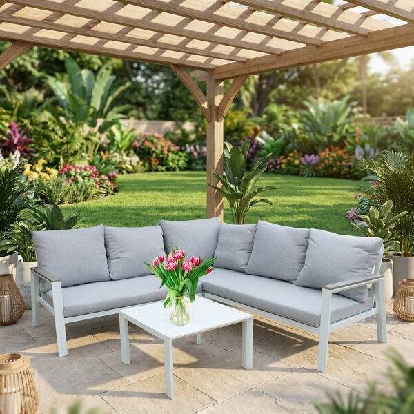 VivaGarden Salotto da Giardino con Divano Angolare e Tavolino con Cuscini in Poliestere/Alluminio colore Bianco - Tijuana