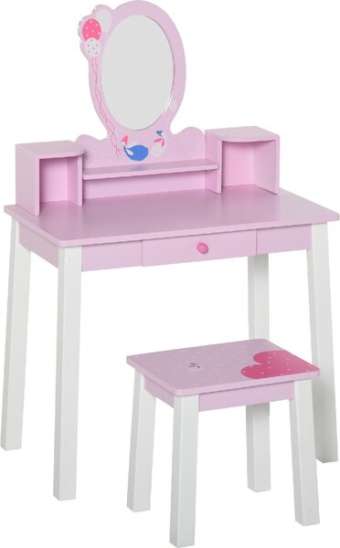 DecHome Set Tavolo Toeletta Specchio e Sgabello in Legno per Bambini Rosa