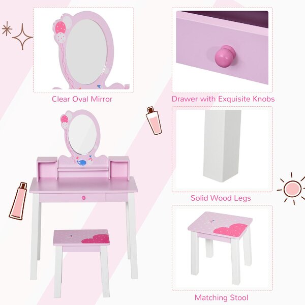 DecHome Set Tavolo Toeletta Specchio e Sgabello in Legno per Bambini Rosa